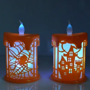Halloween LED leuchtende Kerzenlichter mit Spinnennetz und Schloss Motiven für Festtagsdekoration.