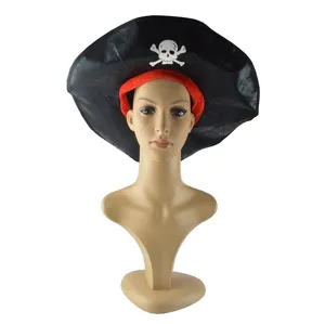 Detailed view of the black pirate captain hat with skull design, perfect for Halloween parties.