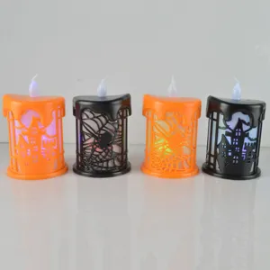 Halloween LED elektronische Kerzen 4er Set, orange schwarze Spinnennetz Schloss Party Deko Lichter.