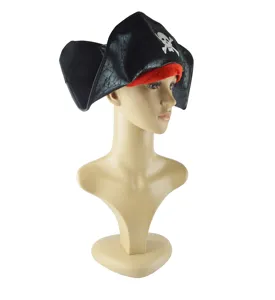 Detailed view of the black pirate captain hat featuring a classic skull motif and red inner band.