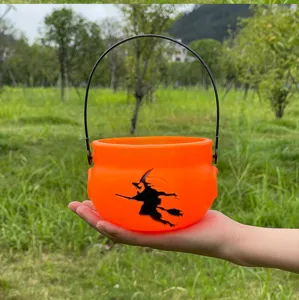 Halloween witch cauldron candy bucket plastic container prop for party trick or treat decoration.