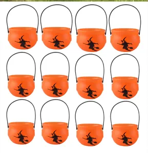 Halloween orange witch cauldron buckets with black handles and silhouette, 12pcs.