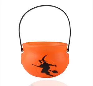 Halloween plastic orange witch bucket candy container for party holiday celebration prop.