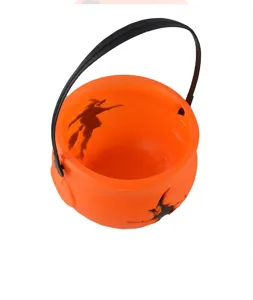 Halloween Witch Cauldron Candy Bucket Plastic Orange Party Decoration Props Gift Box