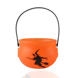 Halloween orange witch candy bucket plastic cauldron with black handle for party holiday props