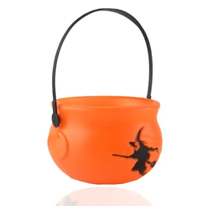 Halloween witch candy bucket plastic orange cauldron pot with handle for party trick or treat