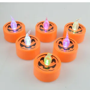 Halloween pumpkin LED tea light candles set of 6, plastic spooky ghost festival decor lights.