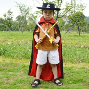 Kids Zorro costume set with black hat cape shirt shorts and swords for Halloween party.