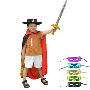 Kids Zorro costume set with cape hat shorts and colorful masks for Halloween party performance.
