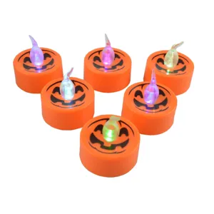 Halloween LED Electronic Candle Light Round Pumpkin Face Spider Web Pattern Plastic Simulation Candle Lamp Party Decor