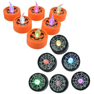Halloween LED tea light candles, pumpkin and spider web designs, colorful glowing lights.