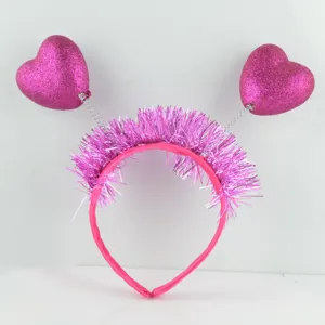 Pink glitter heart headband for Valentine's Day party, cute tinsel hair hoop, festive headwear.