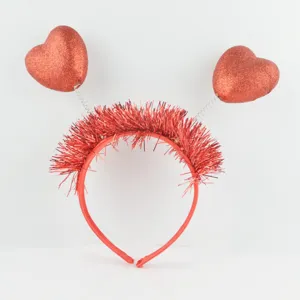 Valentine's Day red heart headband with glitter tinsel and springs for party and festival.