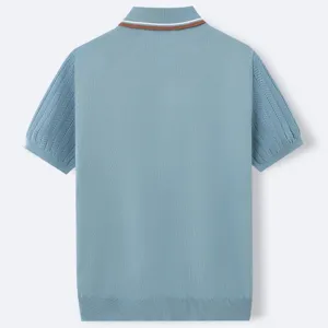 Detailed back view of a light blue short sleeve knit Polo shirt with cable knit sleeves