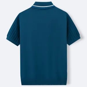 Back view of a men's dark teal short-sleeved knitted polo shirt with white collar stripe.