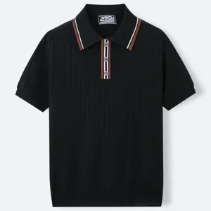 Men's black knit short sleeve Polo shirt with cable texture and striped collar detail