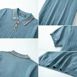 Detailed close-up of a blue knitted polo shirt featuring cable texture and collar trim
