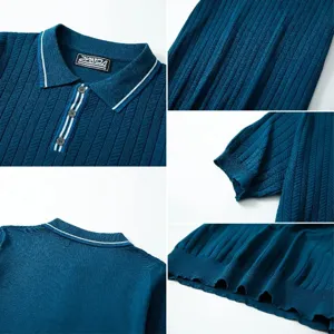 Close-up details of men's knitted Polo shirt showing striped texture and lapel.