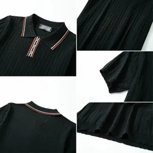 Detailed view of black knitted Polo shirt showing ribbed collar and cable texture