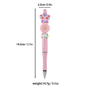 Detailed dimension view of pink beaded pen featuring butterfly and daisy silicone beads