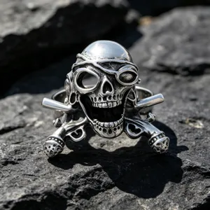 Vintage Titanstahl Totenkopf Gekreuzte Pistolen Piraten Ring Für Herren Gothic Punk Biker Schmuck Distressed Silber Fingerring