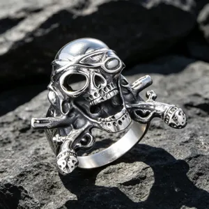 Vintage Piraten-Totenkopfring mit gekreuzten Steinschlosspistolen aus robustem Stahl
