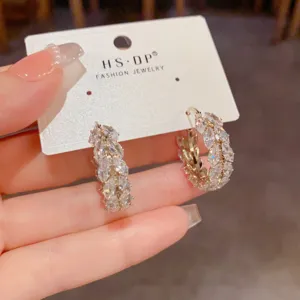 Detail view of elegant Korean style marquise zircon wheat ear hoop earrings for women