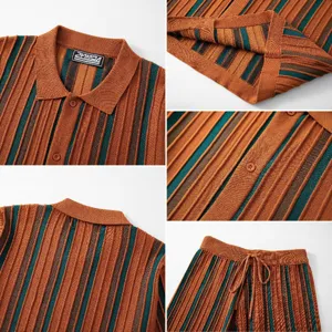 Close-up of vertical striped knit polo shirt and shorts set with drawstring