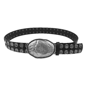 Black punk leather belt featuring heavy-duty silver rivets and a large oval metal buckle