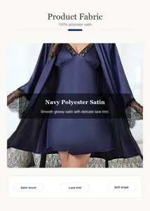Dettaglio della vestaglia in raso blu navy con elegante bordo in pizzo nero.