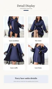 Viste dettagliate della vestaglia in raso blu navy con bordi in pizzo delicato