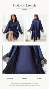 Elegante set da notte in raso blu navy con vestaglia e canotta bordati di pizzo nero