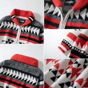 Dettagli ravvicinati di cardigan da uomo con zip e motivi jacquard rossi e bianchi.