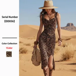 Detailed view of sexy leopard print ruffled bodycon midi dress with side slit