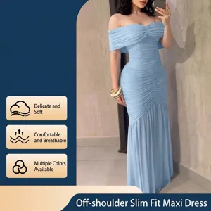 Detailed view of elegant light blue off-the-shoulder ruched bodycon evening maxi dress