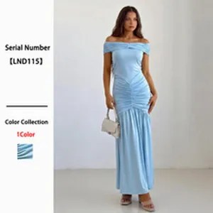 Elegant light blue off-shoulder maxi dress with ruched design and fishtail hem for parties