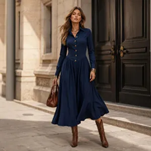 Elegant navy blue long sleeve midi dress with gold buttons shown in outdoor setting