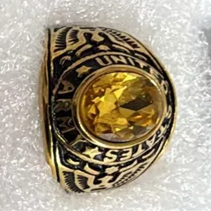 Vintage stainless steel gold US Army ring with eagle design and yellow gemstone