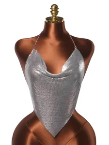 Sexy backless silver metallic mesh halter top featuring shimmering sequin details