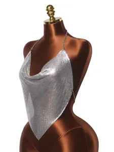 Sexy silver sequin halter top with backless chain detail shown on a brown mannequin.