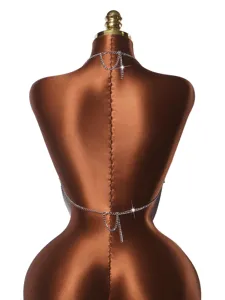 Detailed back view of a metallic silver mesh sequin top with adjustable chains