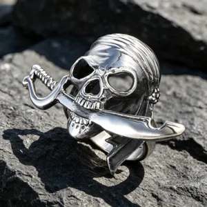 Gothic pirate skull ring in stainless steel biting a scimitar, cool punk jewelry for men