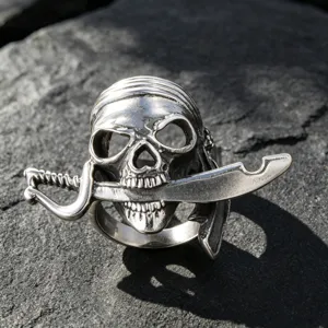 Vintage stainless steel pirate skull ring with cutlass sword detail for men