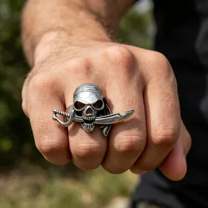 Vintage stainless steel pirate skull ring for men featuring a detailed curved sword