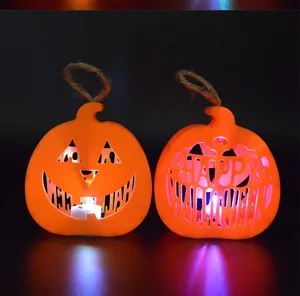 Halloween LED pumpkin lantern carved horror props party decor glowing night light setup