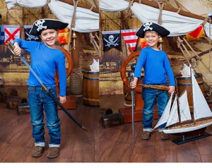 Kids pirate captain hat costume set with skull logo, ideal for party performance, dress up.