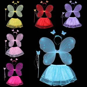 Children Butterfly Fairy Wings Costume Set For Halloween Masquerade Party Gauze Tutu Skirt Headband Wand Kids Cosplay Accessories