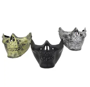 Halloween half face skull mask detail shot showing gold, black and silver color options clearly.