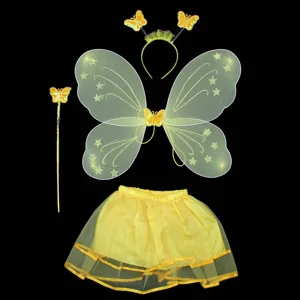 Kids yellow butterfly fairy wings costume set with tutu skirt wand headband for party