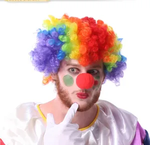 Peluca afro de payaso de Halloween pelo rizado colorido accesorio de disfraz con nariz de esponja